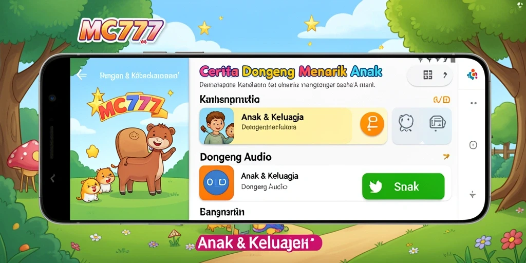 Antarmuka aplikasi MC777 yang ramah anak untuk mendengarkan dongeng.