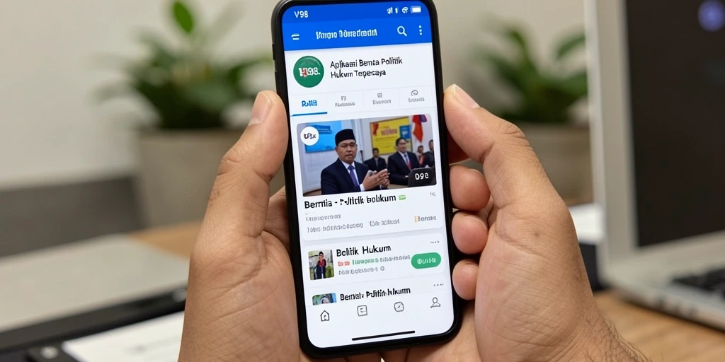 Tampilan antarmuka aplikasi V98 untuk berita Politik Hukum.